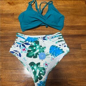 Cupshe Teal and Blue Leaf Bikini Set